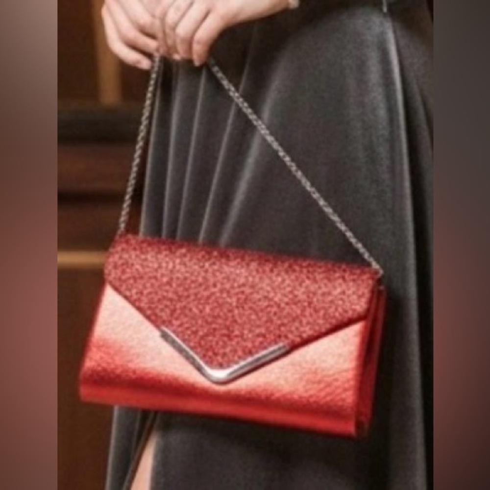 Red Glitter Evening Clutch Silver V Trim Formal Bag With Chain Strap